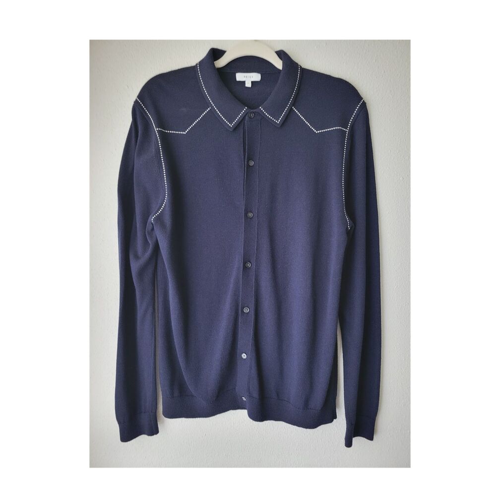 Reiss Wayne Western Knit Shirt Button Top Size L Luxury Casual 70s Navy Cardigan